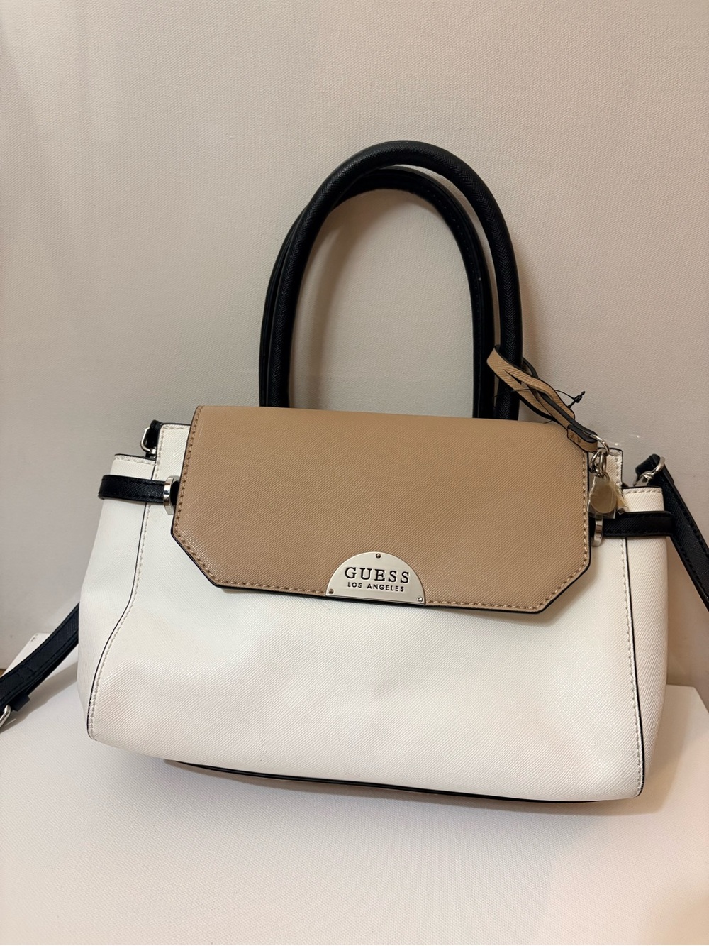 GUESS Los Angeles Colorblock Satchel Crossbody Bag - White, Tan & Black